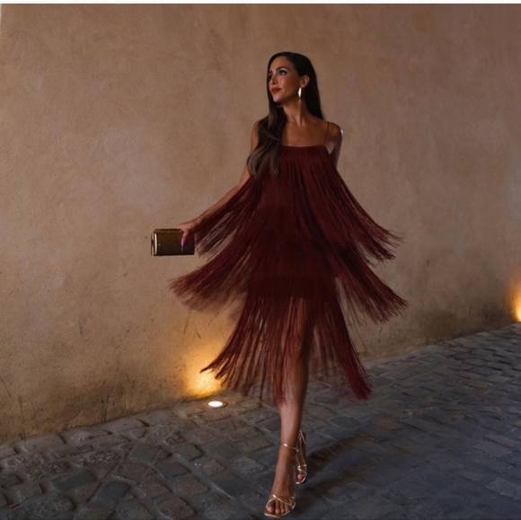 NWT ZARA STRAPPY FRINGE MIDI DRESS BROWN - Picture 7 of 8